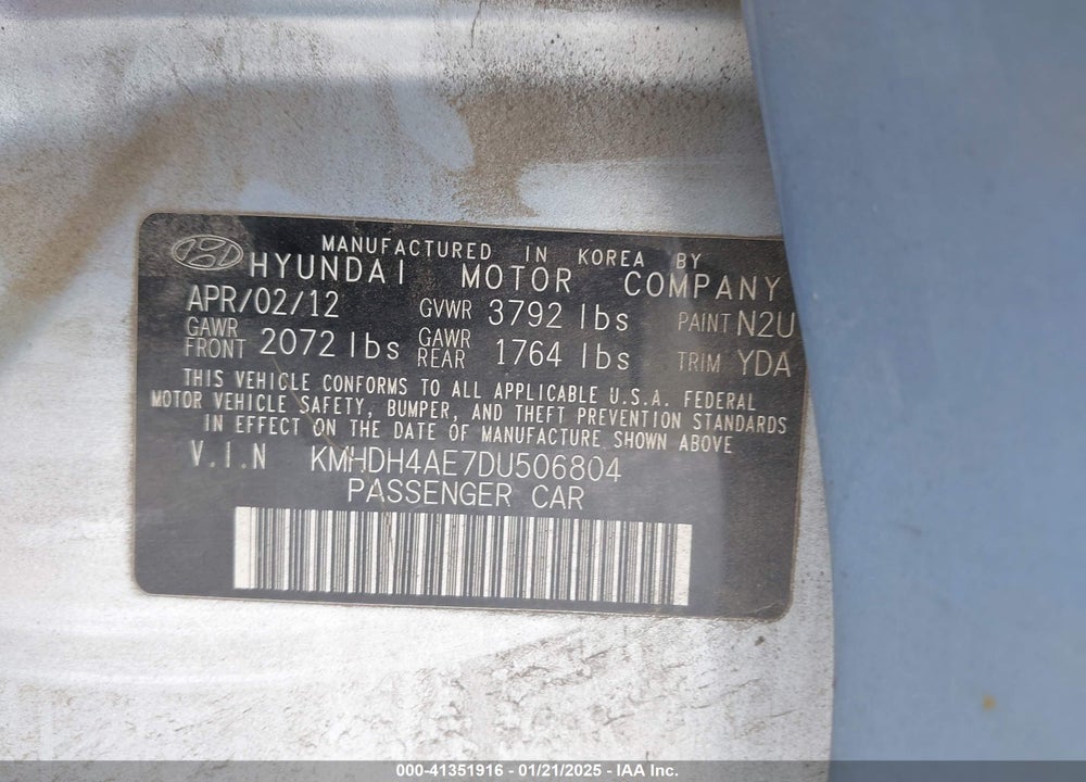2013 HYUNDAI ELANTRA VIN: KMHDH4AE7DU506804