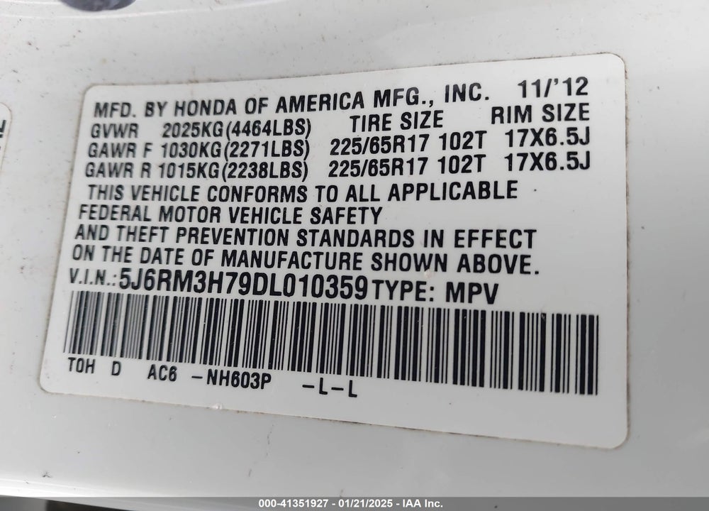 2013 HONDA CR-V EX-L VIN: 5J6RM3H79DL010359