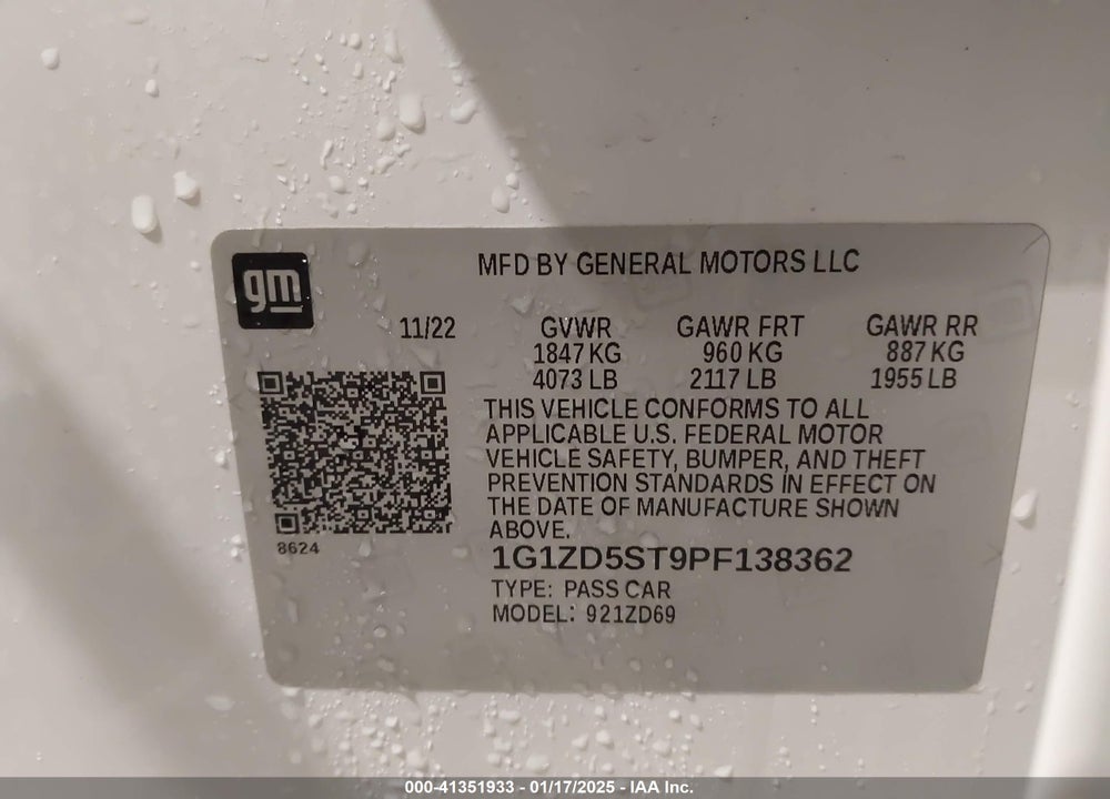 2023 CHEVROLET MALIBU VIN: 1G1ZD5ST9PF138362