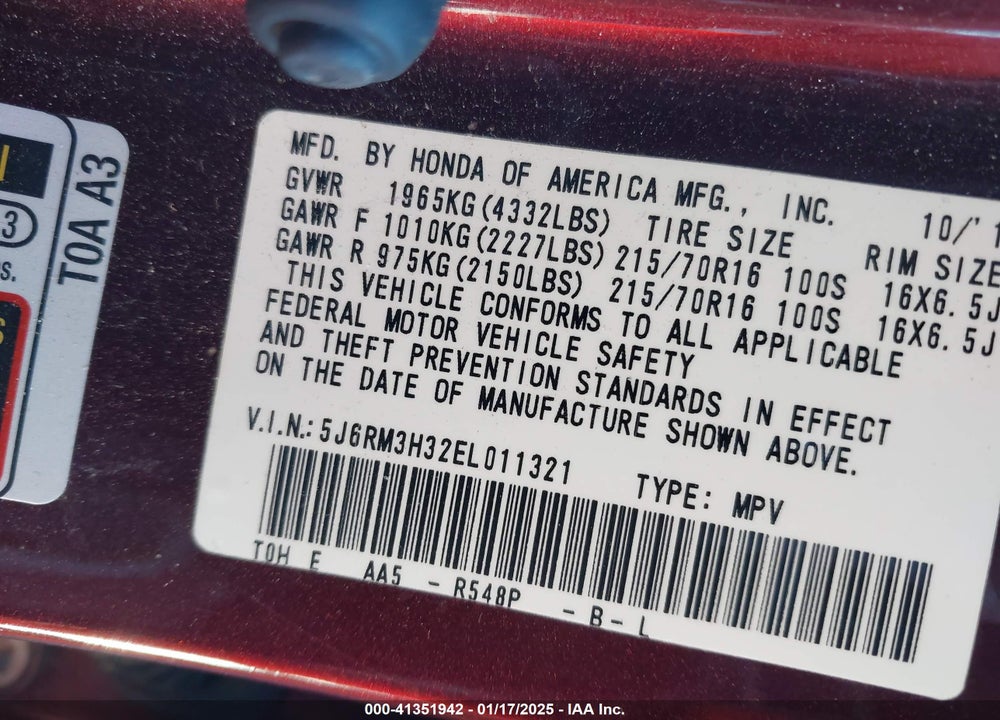 2014 HONDA CR-V LX VIN: 5J6RM3H32EL011321