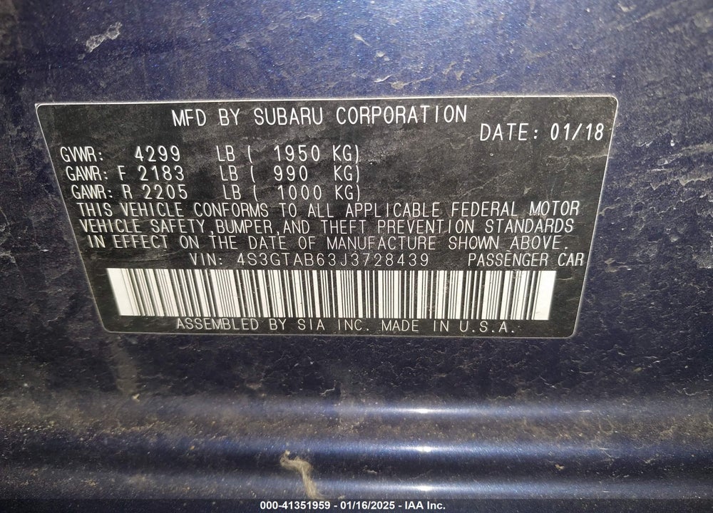 2018 SUBARU IMPREZA VIN: 4S3GTAB63J3728439