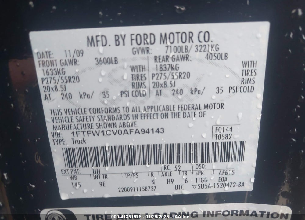 2010 FORD F-150 FX2 SPORT/HARLEY-DAVIDSON/KING RANCH/LARIAT/PLATINUM/XL/XLT VIN: 1FTFW1CV0AFA94143