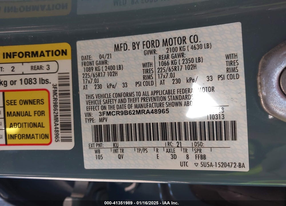 2021 FORD BRONCO SPORT BIG BEND VIN: 3FMCR9B62MRA48965