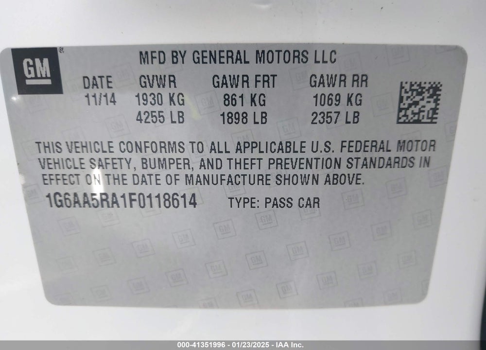 2015 CADILLAC ATS VIN: 1G6AA5RA1F0118614