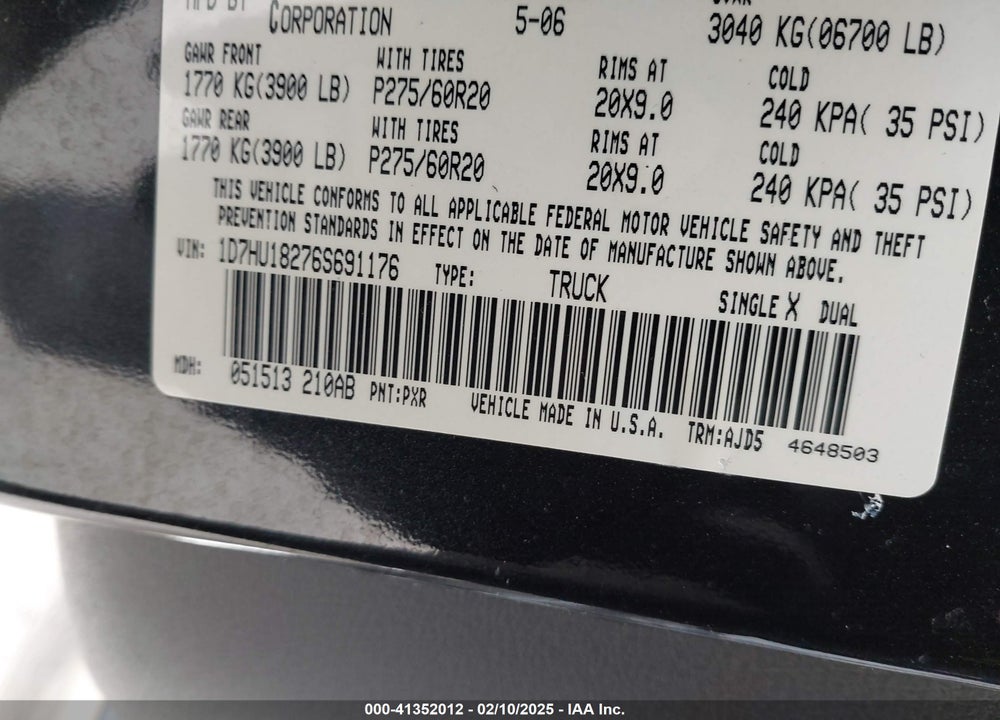 2006 DODGE RAM 1500 VIN: 1D7HU18276S691176