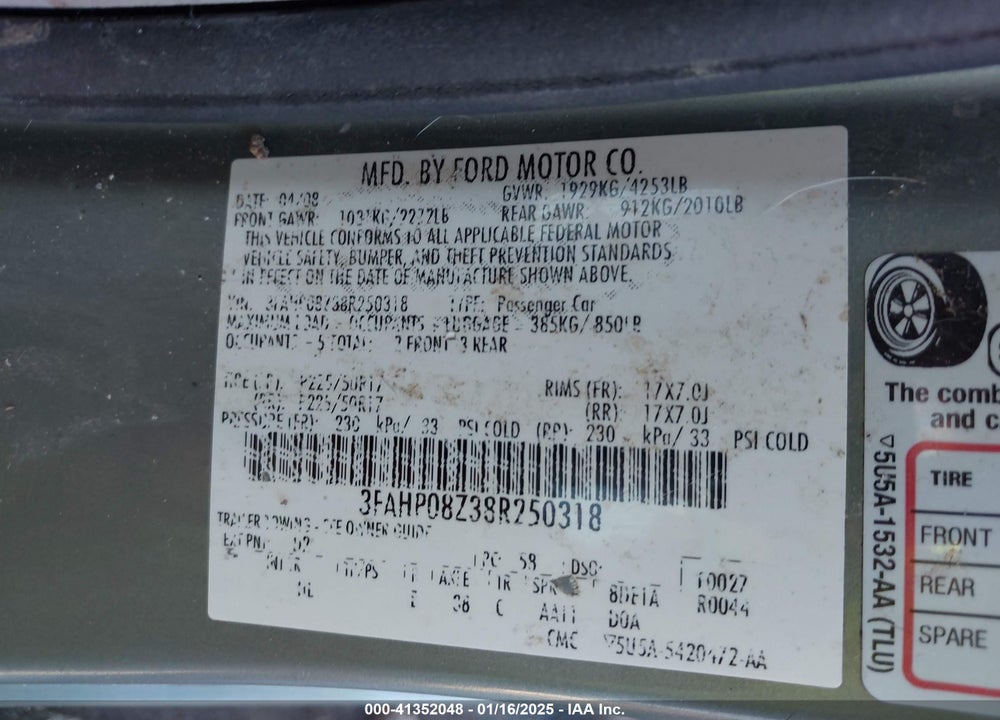 2008 FORD FUSION SEL VIN: 3FAHP08Z38R250318
