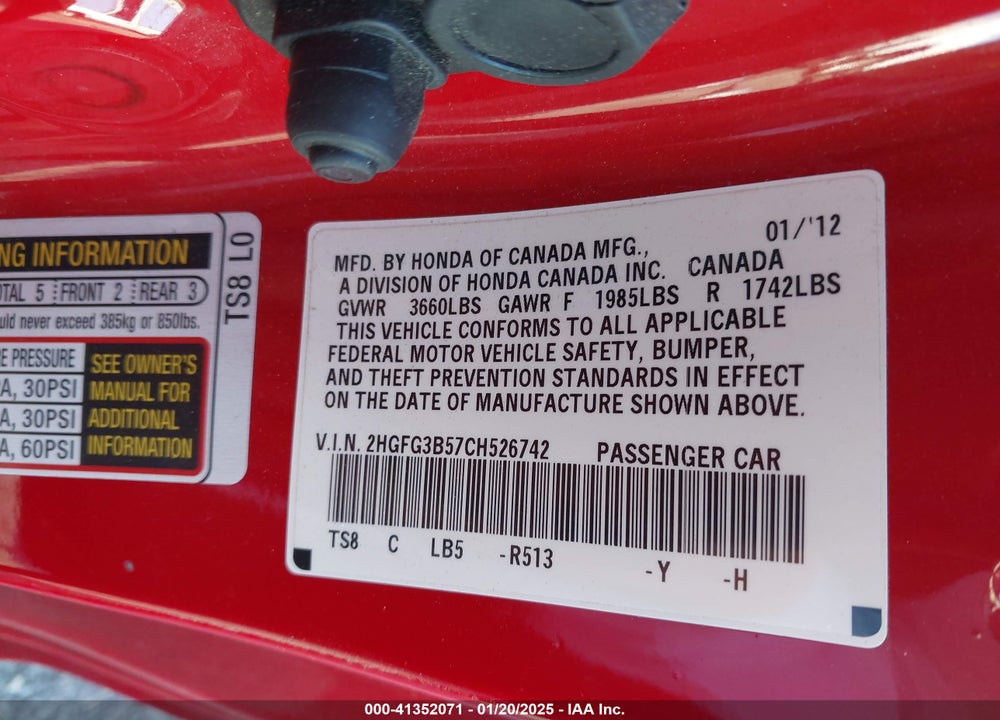 2012 HONDA CIVIC LX VIN: 2HGFG3B57CH526742
