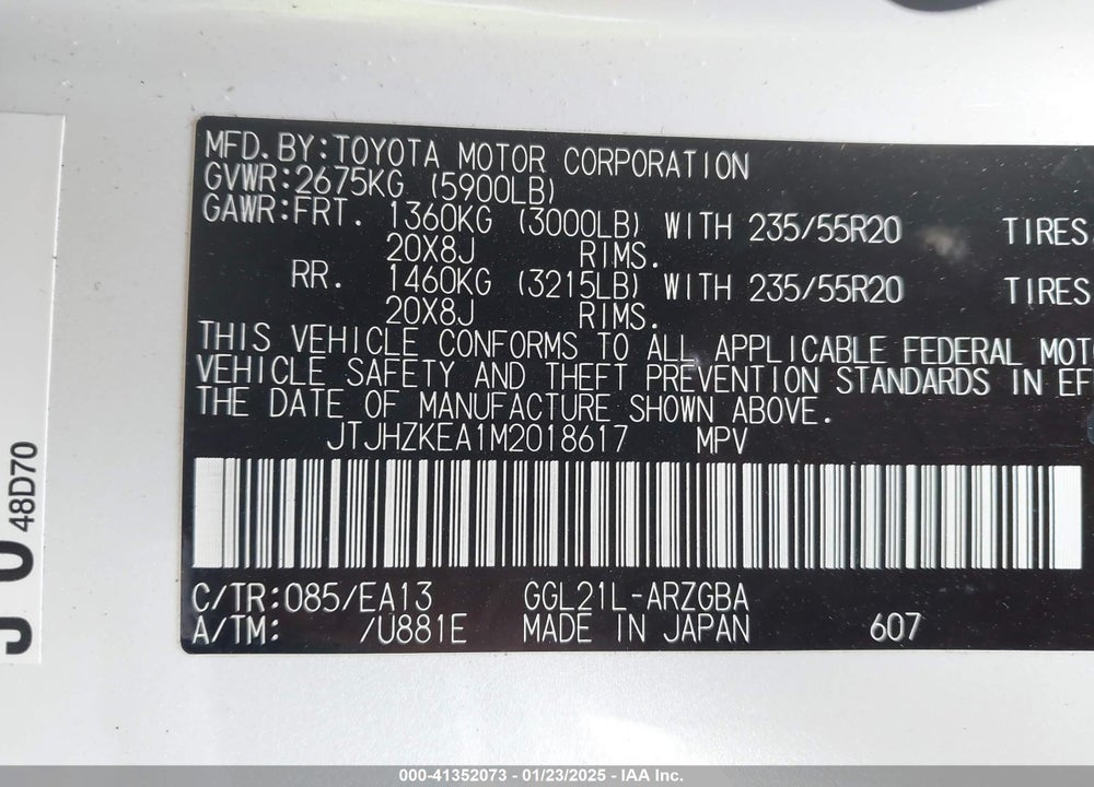 2021 LEXUS RX 350L VIN: JTJHZKEA1M2018617