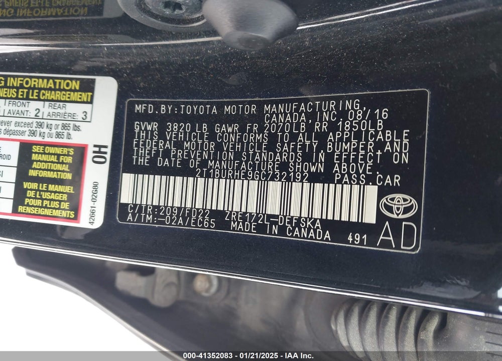 2016 TOYOTA COROLLA VIN: 2T1BURHE9GC732192