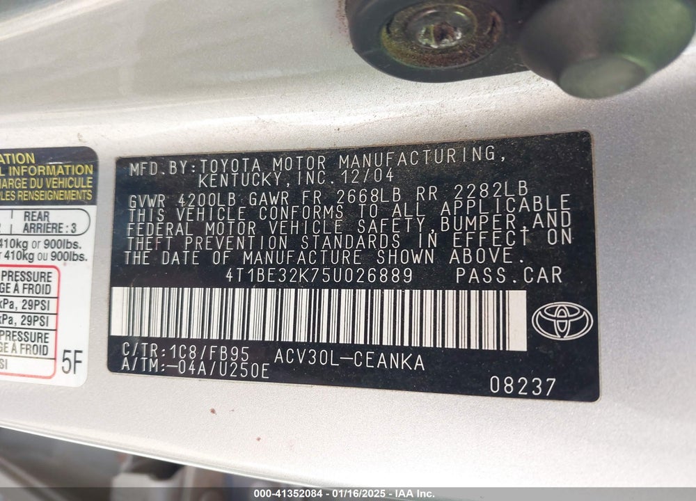 2005 TOYOTA CAMRY LE VIN: 4T1BE32K75U026889