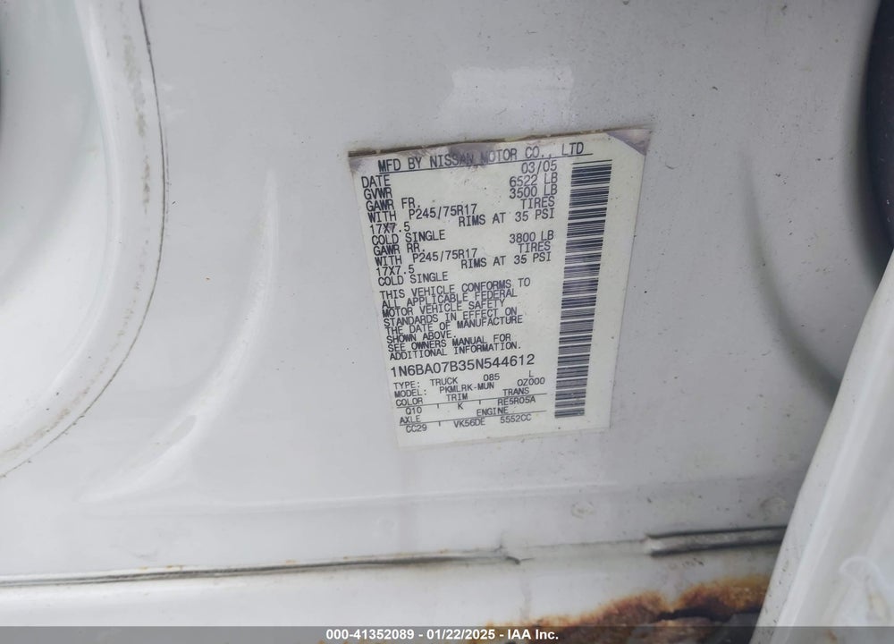 2005 NISSAN TITAN XE VIN: 1N6BA07B35N544612