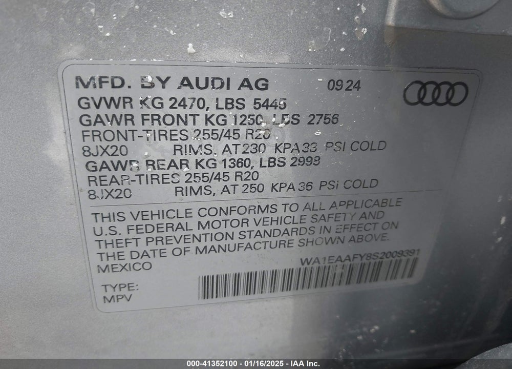 2025 AUDI Q5 PREMIUM PLUS 45 TFSI S LINE QUATTRO S TRONIC VIN: WA1EAAFY8S2009391