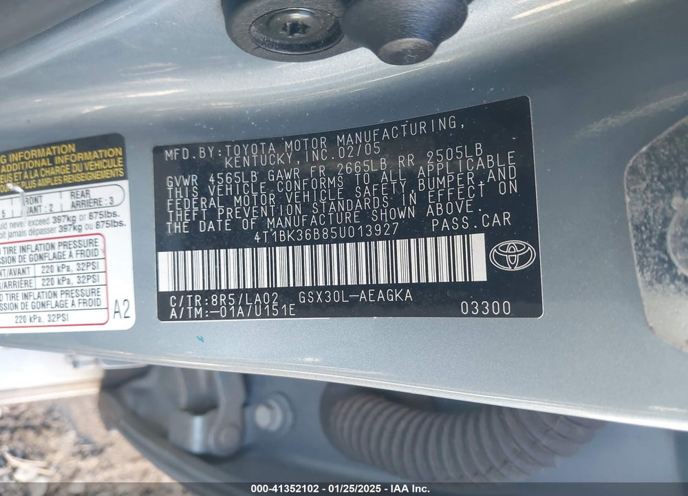 2005 TOYOTA AVALON XLS VIN: 4T1BK36B85U013927