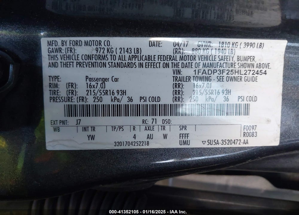 2017 FORD FOCUS VIN: 1FADP3F25HL272454