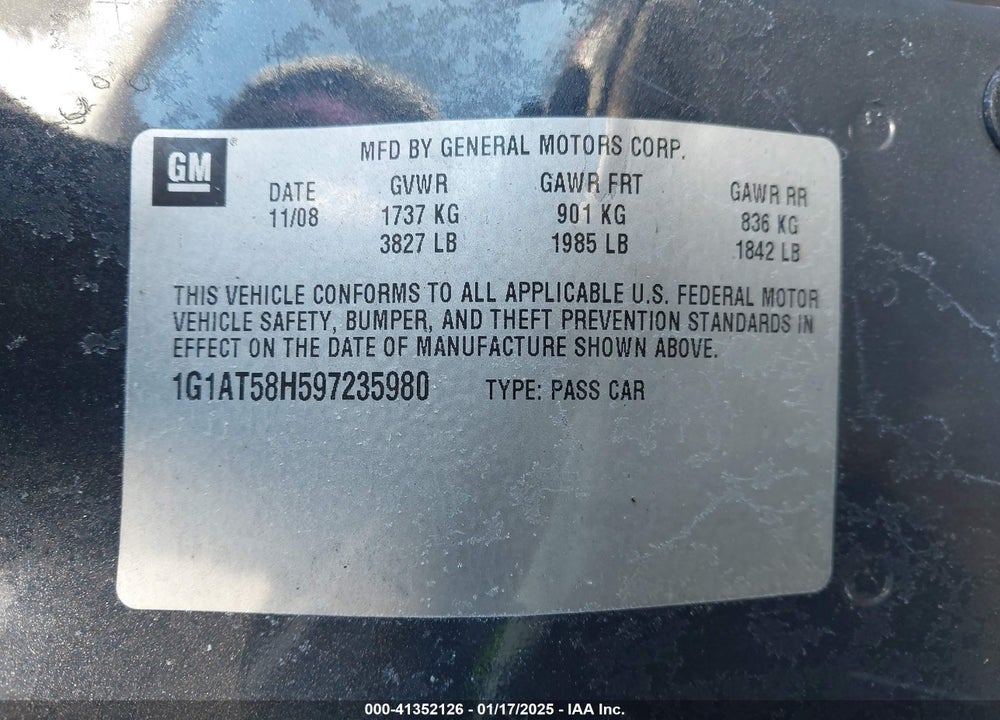 2009 CHEVROLET COBALT VIN: 1G1AT58H597235980