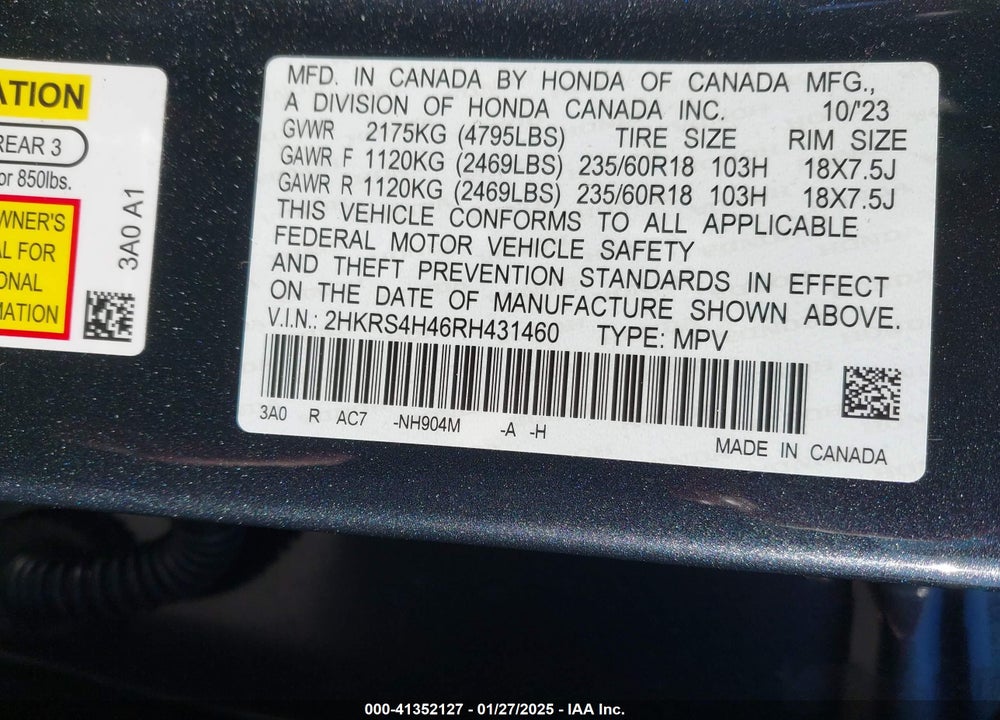 2024 HONDA CR-V EX AWD VIN: 2HKRS4H46RH431460