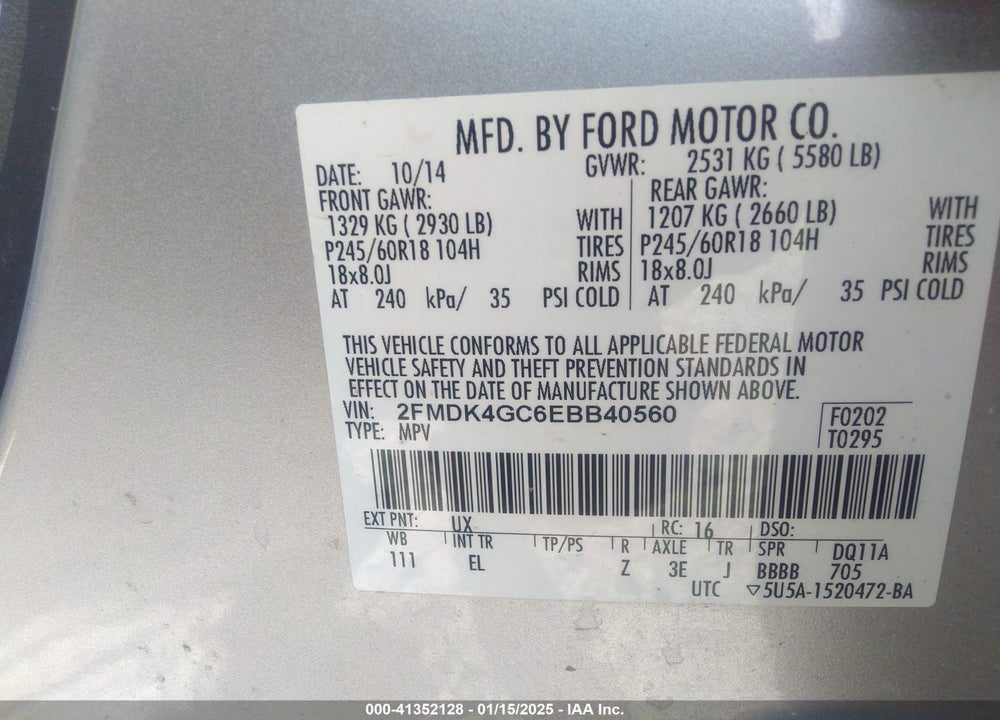 2014 FORD EDGE SE VIN: 2FMDK4GC6EBB40560