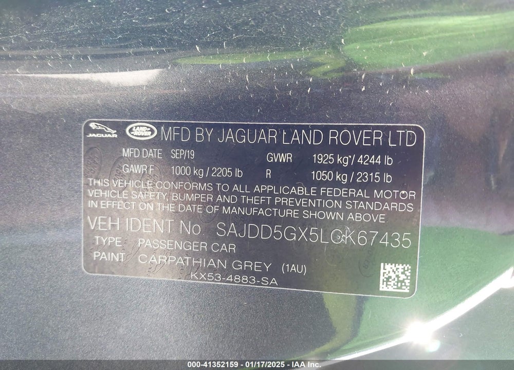 2020 JAGUAR F-TYPE CHECKERED FLAG RWD AUTOMATIC/P300 RWD AUTOMATIC VIN: SAJDD5GX5LCK67435