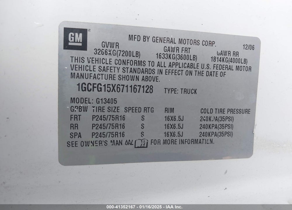 2007 CHEVROLET EXPRESS WORK VAN VIN: 1GCFG15X671167128
