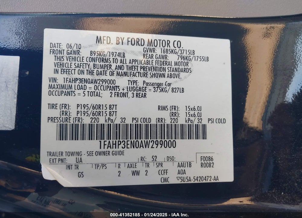 2010 FORD FOCUS VIN: 1FAHP3EN0AW299000