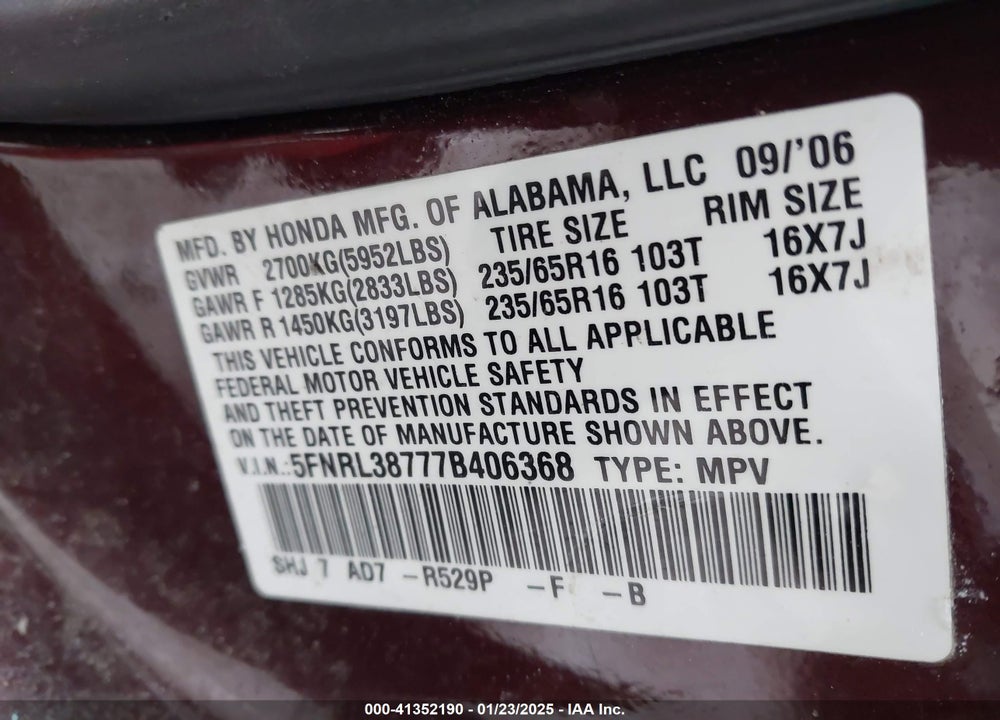 2007 HONDA ODYSSEY EX-L VIN: 5FNRL38777B406368
