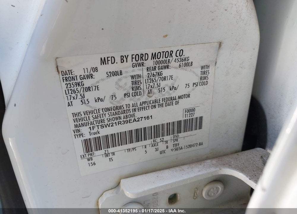 2009 FORD F-250 VIN: 1FTSW21R39EA27161