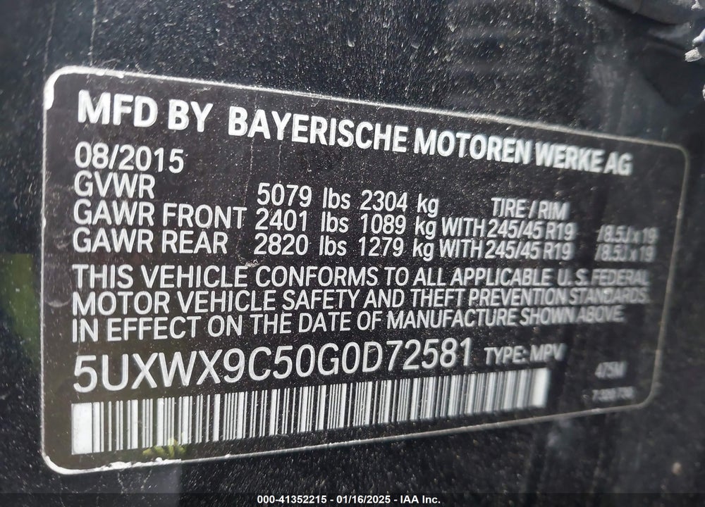 2016 BMW X3 XDRIVE28I VIN: 5UXWX9C50G0D72581