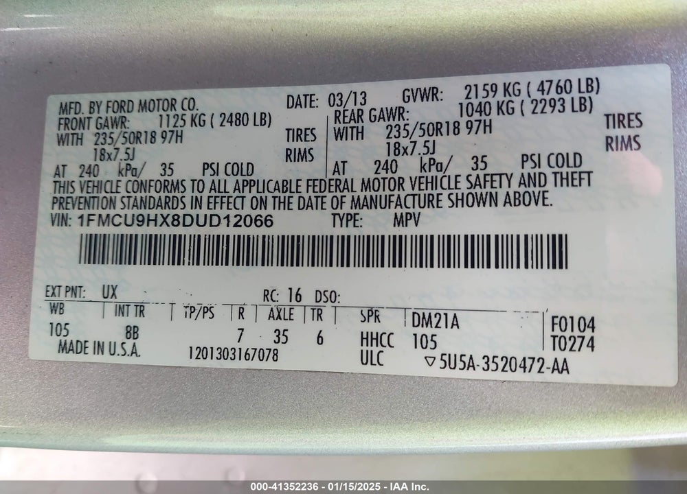 2013 FORD ESCAPE SEL VIN: 1FMCU9HX8DUD12066