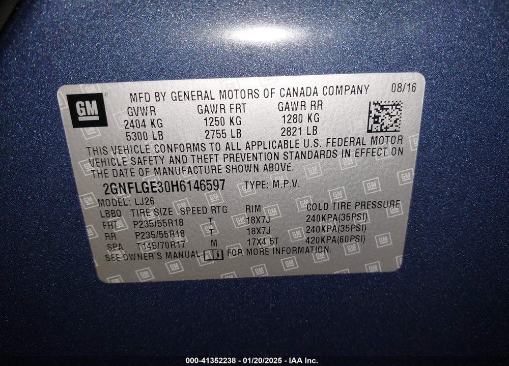 2017 CHEVROLET EQUINOX PREMIER VIN: 2GNFLGE30H6146597