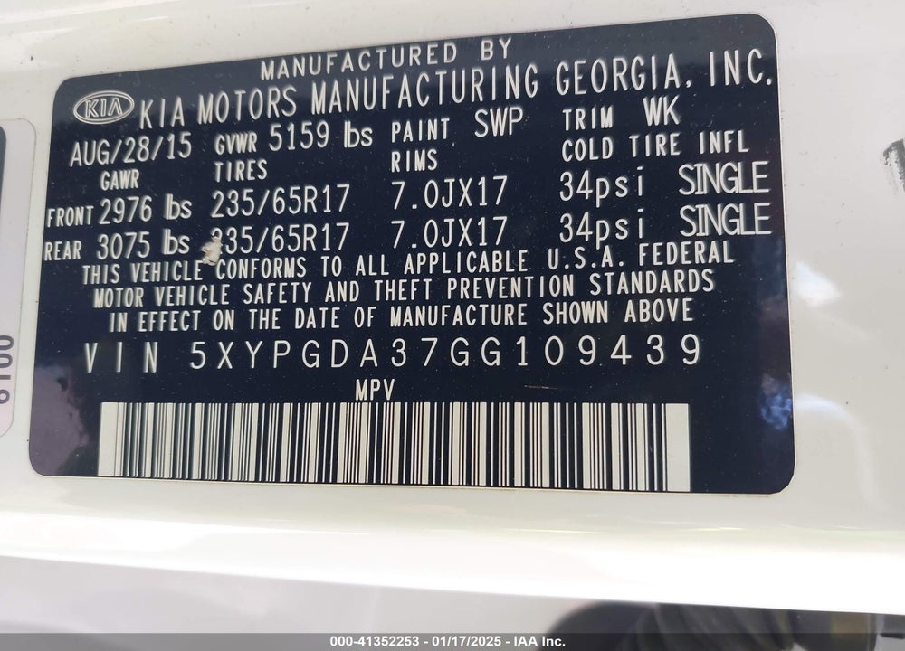 2016 KIA SORENTO 2.4L LX VIN: 5XYPGDA37GG109439