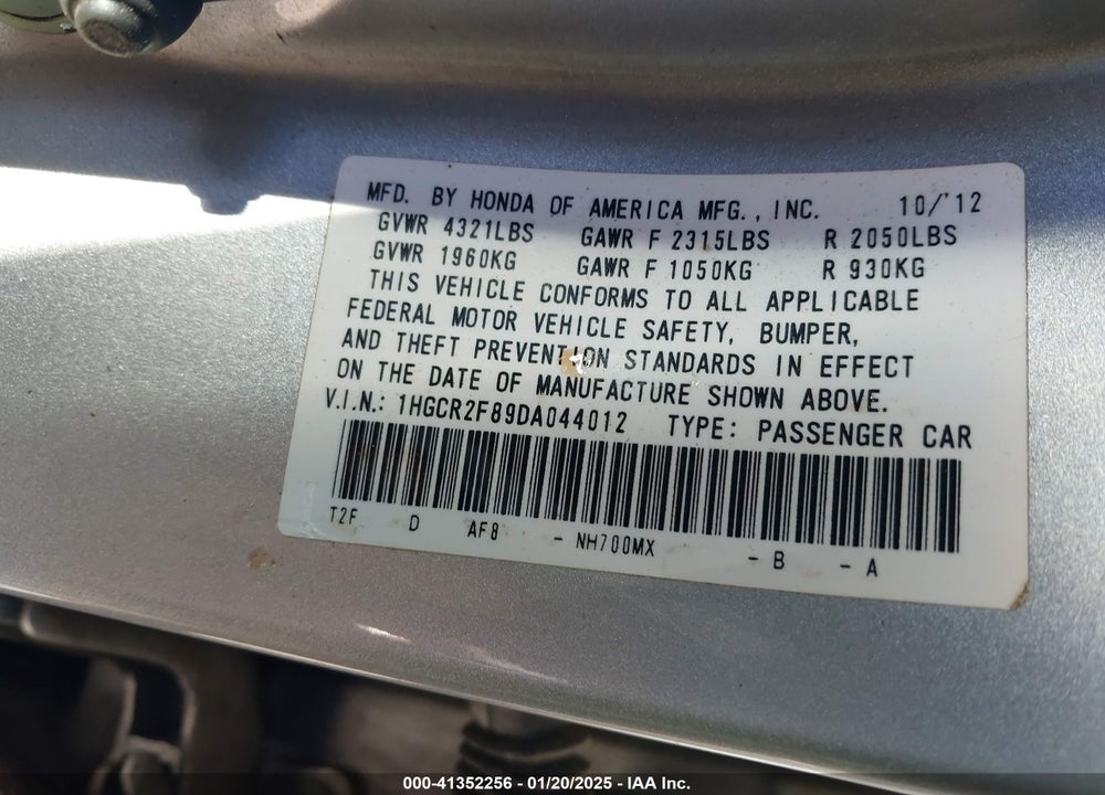 2013 HONDA ACCORD EX-L VIN: 1HGCR2F89DA044012