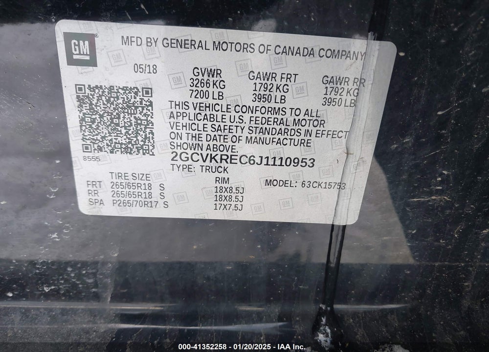 2018 CHEVROLET SILVERADO VIN: 2GCVKREC6J1110953