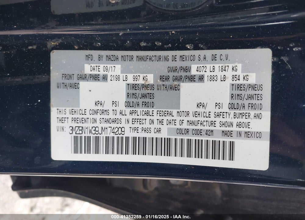 2018 MAZDA 3 VIN: 3MZBN1W39JM174209