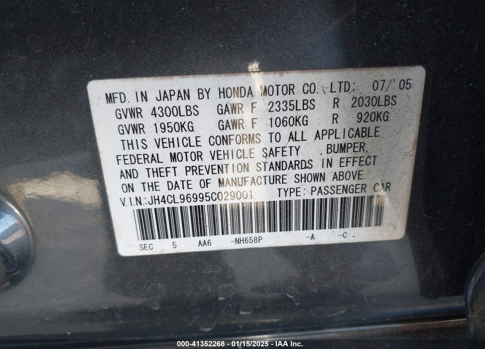 2005 ACURA TSX VIN: JH4CL96995C029001