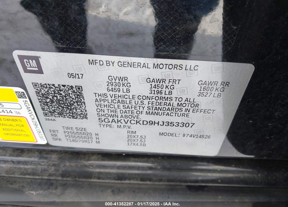 2017 BUICK ENCLAVE VIN: 5GAKVCKD9HJ353307