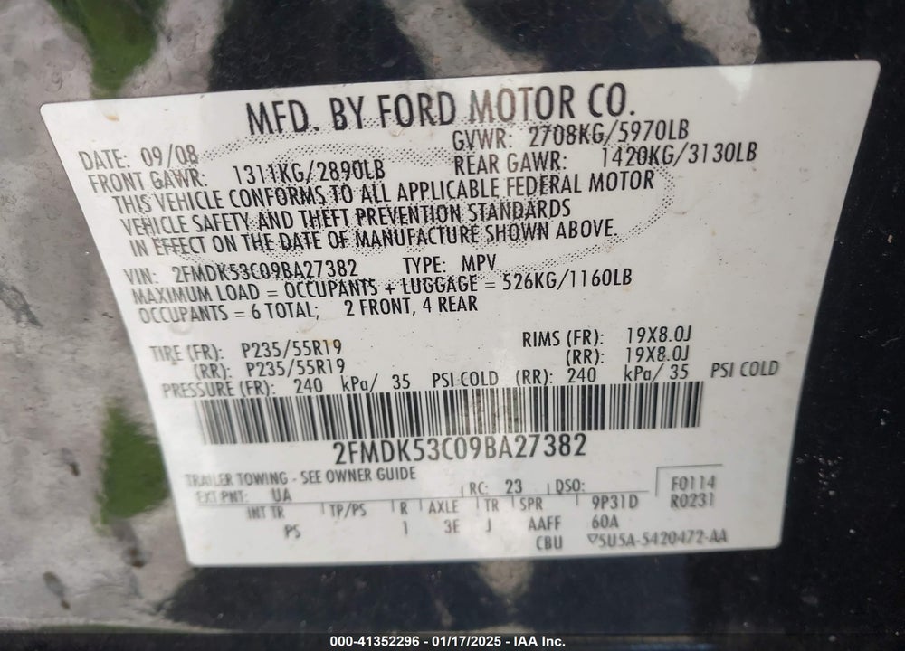 2009 FORD FLEX LIMITED VIN: 2FMDK53C09BA27382
