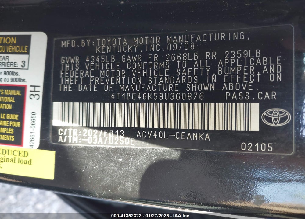 2009 TOYOTA CAMRY VIN: 4T1BE46K59U360876