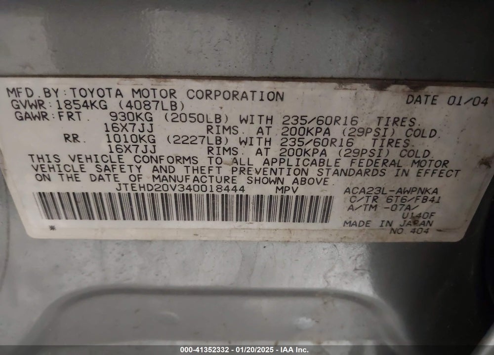 2004 TOYOTA RAV4 VIN: JTEHD20V340018444