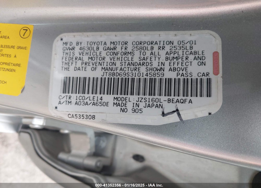 2001 LEXUS GS 300 VIN: JT8BD69S310145859