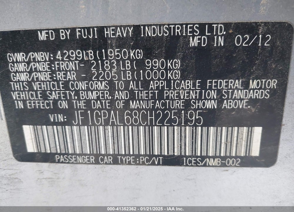 2012 SUBARU IMPREZA VIN: JF1GPAL68CH225195
