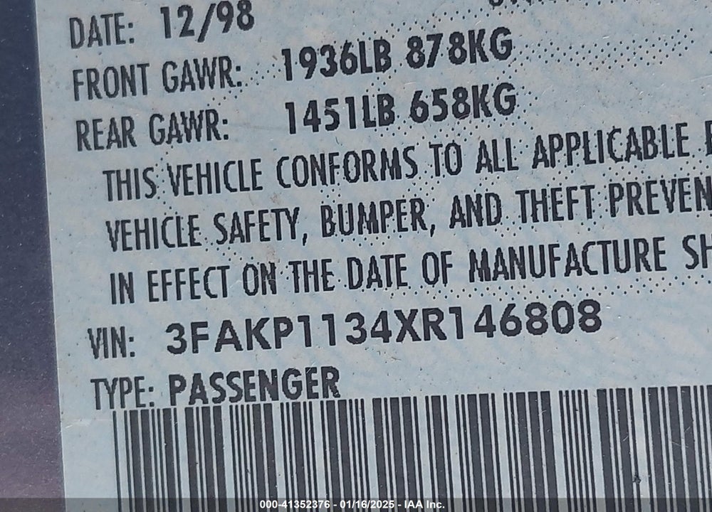 1999 FORD ESCORT VIN: 3FAKP1134XR146808