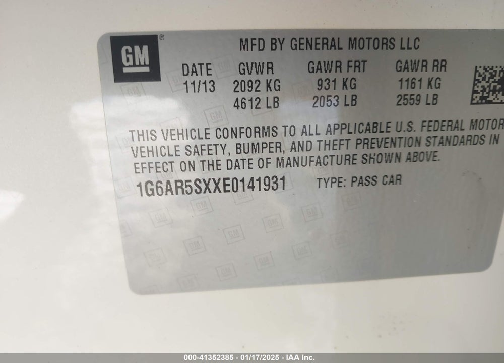 2014 CADILLAC CTS VIN: 1G6AR5SXXE0141931