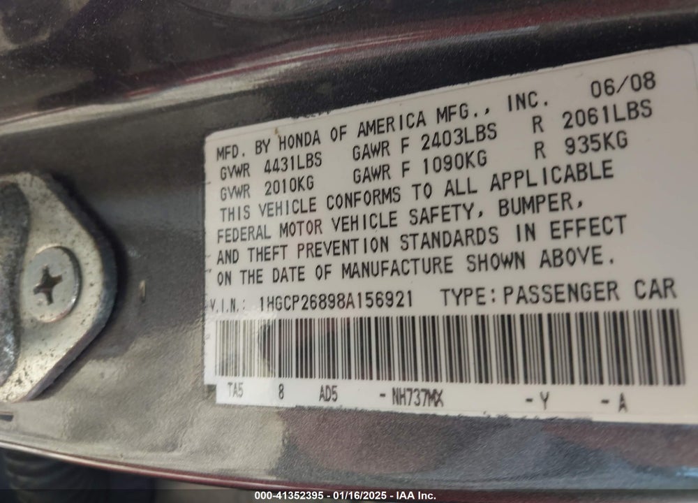 2008 HONDA ACCORD VIN: 1HGCP26898A156921