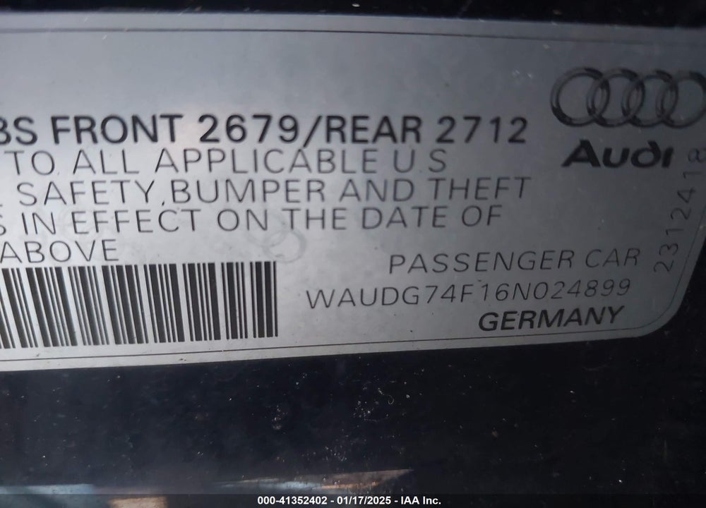 2006 AUDI A6 VIN: WAUDG74F16N024899