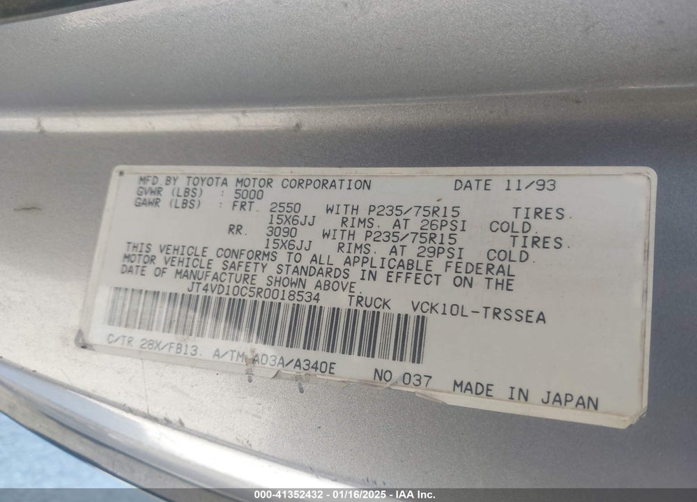 1994 TOYOTA T100 SR5 VIN: JT4VD10C5R0018534