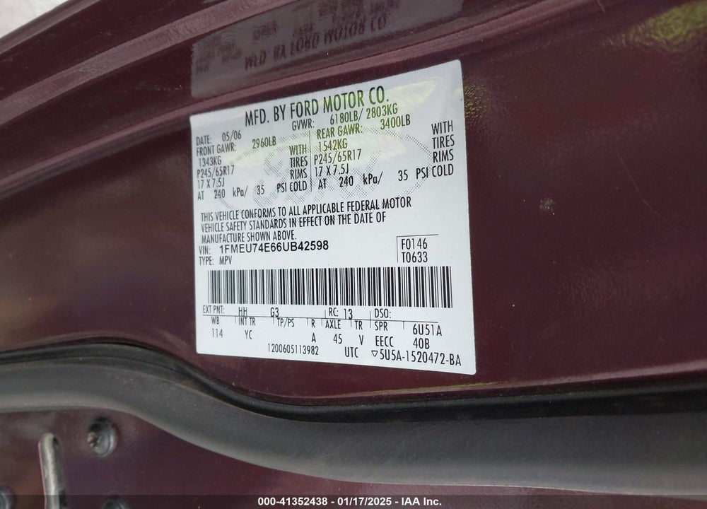 2006 FORD EXPLORER EDDIE BAUER VIN: 1FMEU74E66UB42598