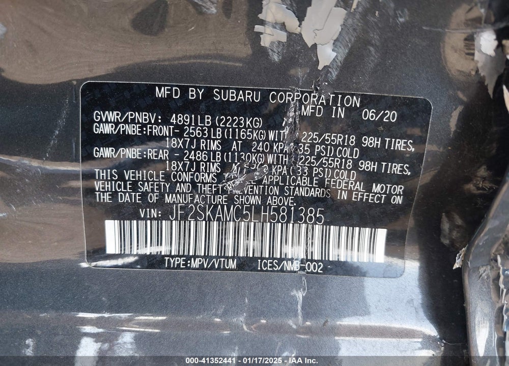 2020 SUBARU FORESTER SPORT VIN: JF2SKAMC5LH581385