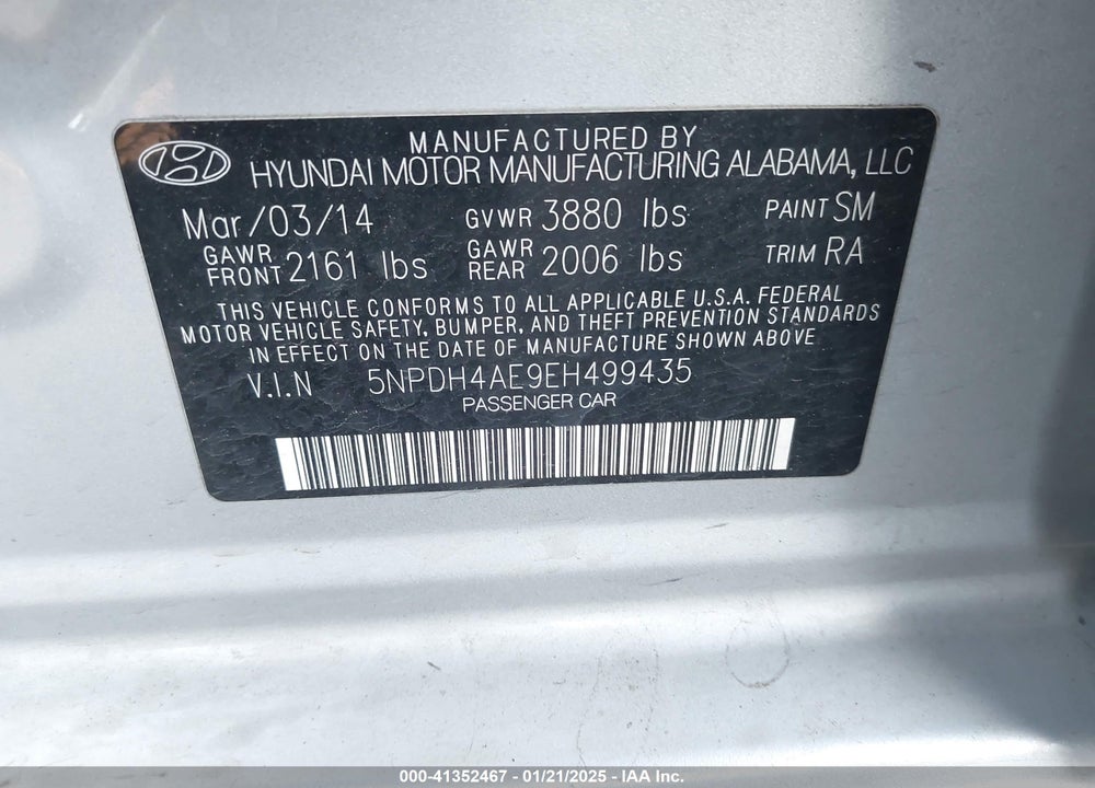 2014 HYUNDAI ELANTRA SE VIN: 5NPDH4AE9EH499435