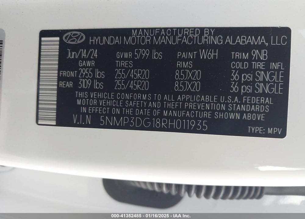 2024 HYUNDAI SANTA FE HYBRID LIMITED VIN: 5NMP3DG18RH011935