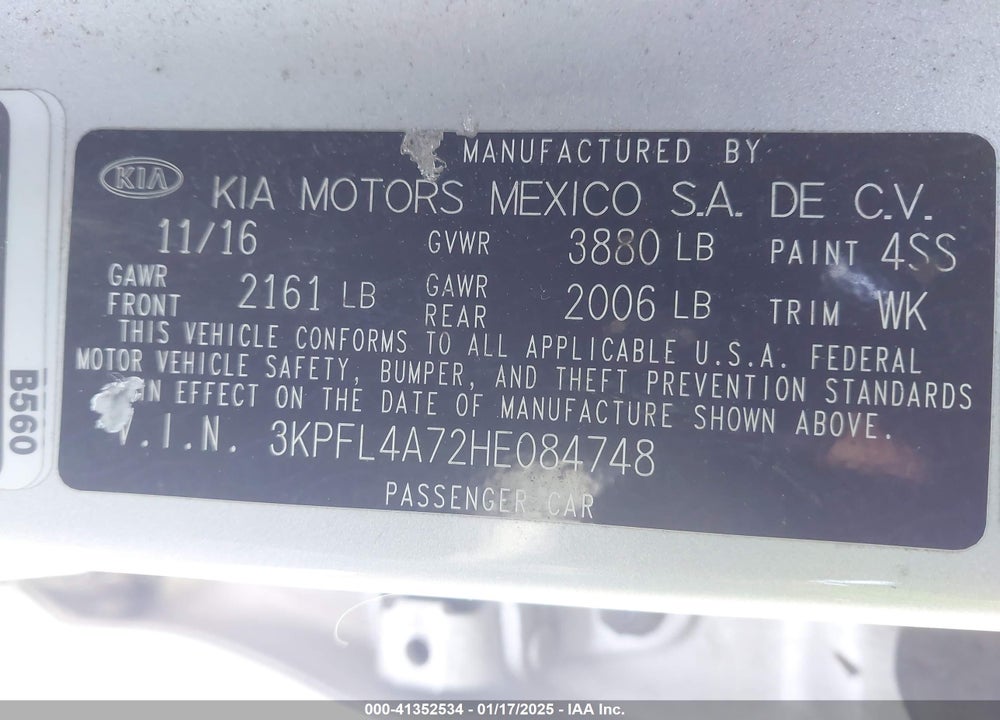 2017 KIA FORTE VIN: 3KPFL4A72HE084748